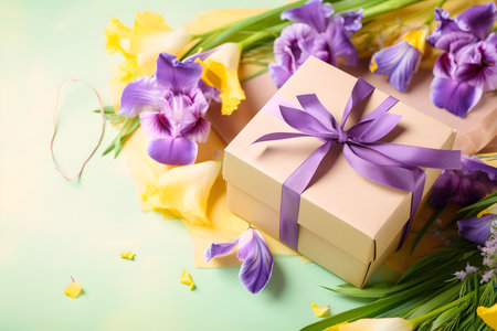 Gift box with purple ribbon and yellow iris flowers on green backgroundの素材