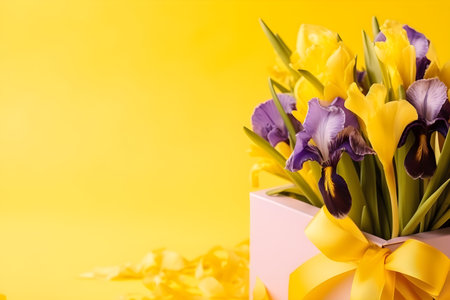 Bouquet of yellow and purple irises in a gift box on a yellow backgroundの素材