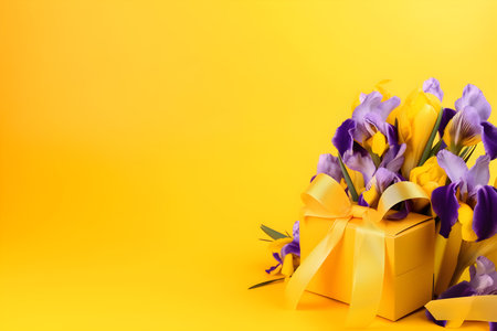 Gift box and bouquet of irises on yellow background.の素材