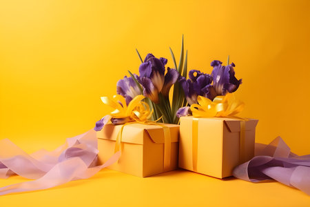 Gift boxes with purple irises and tulips on yellow backgroundの素材