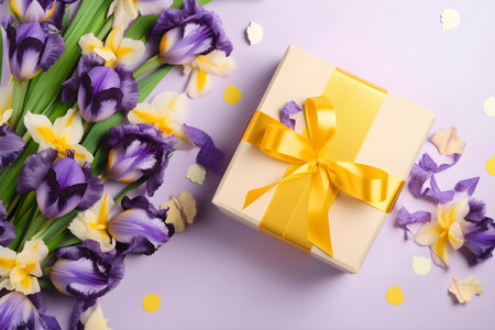 Gift box with yellow ribbon and purple iris flowers on violet backgroundの素材