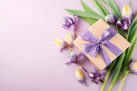 Gift box with purple ribbon and tulips on a pink backgroundの素材