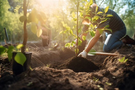 Woman planting a tree in the garden. Gardening and farming concept. Ecology concept.の素材