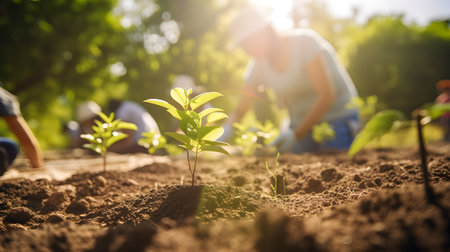 Planting trees in the garden. Selective focus. nature. Ecology concept.の素材