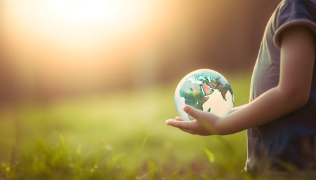 Little boy holding a globe in his hands. Save the planet concept. Ecology concept.の素材