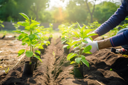 Young seedlings of pepper in the hands of a woman in the garden. Ecology concept.の素材