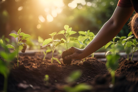 Woman hand planting seedlings of cucumber in the vegetable garden. Ecology concept.の素材