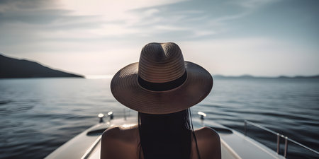 Woman in hat on a boat at sunset. Close up.の素材