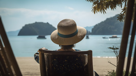 Woman sitting on the chair and looking at the sea in Thailand.の素材