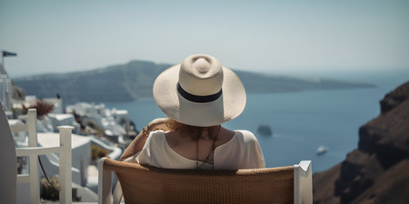 Young woman in white hat sitting in a chair on the terrace of Santoriniの素材