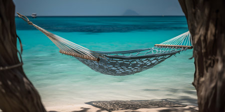 Hammock on the beach with turquoise sea in backgroundの素材