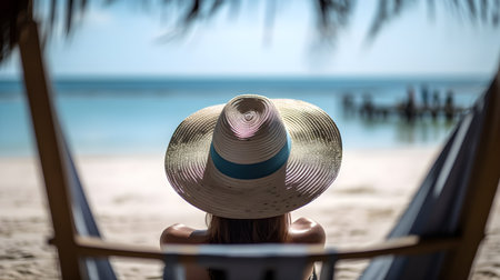 Back view of young woman in straw hat relaxing on hammock at tropical beachの素材