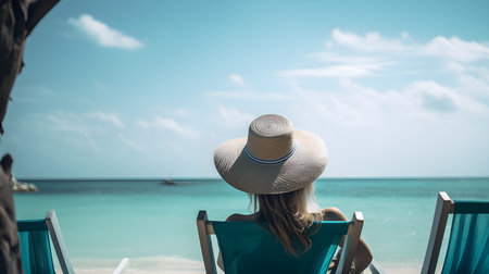 Young woman in hat and sunglasses sittingchair on tropical beachの素材