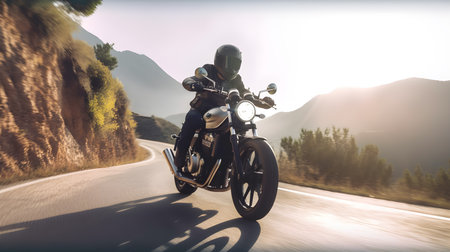 Motorcycle riding on the road in the mountains. 3d rendering.の素材