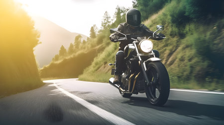 motorcycle rider riding on the road. motion blur effect.の素材