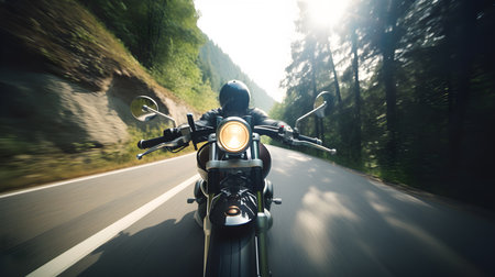Motorcyclist riding on the road in the forest. motion blurの素材