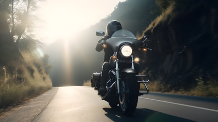 Motorcycle riding on the road in the mountains. 3d renderingの素材