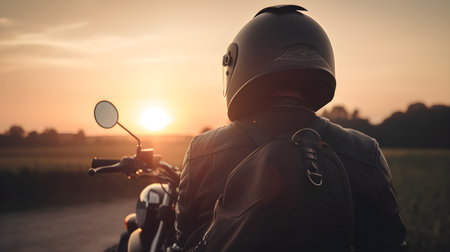 Biker in helmet and black leather jacket on a motorcycle at sunset.の素材