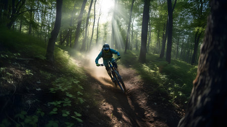 Cyclist Riding the Bike on the Trail in the Beautiful Summer Forest. Extreme Sport Concept.の素材