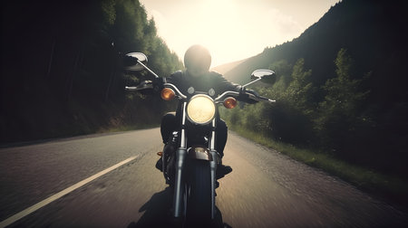 Motorcyclist riding on the road in the mountains at sunset.の素材