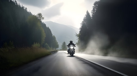 Motorcycle riding on the road in the mountains. 3d renderingの素材