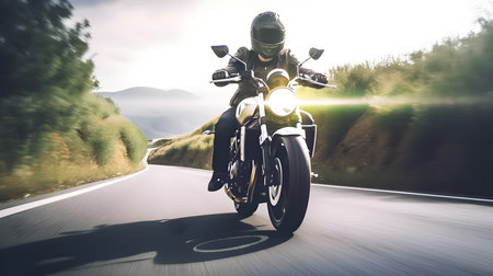 Motorcyclist driving on a country road with motion blur effect.の素材