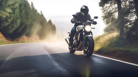 Motorcyclist riding on asphalt road in the mountains at sunset.の素材