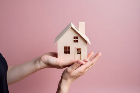 Woman's hands holding a model of a house on a pink backgroundの素材