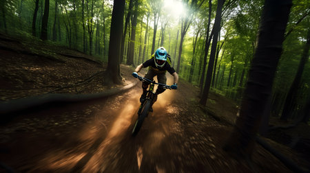 Cyclist Riding the Mountain Bike on the Trail in the Forest. Extreme Sport Concept.の素材
