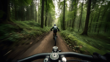 Cyclist Riding a Mountain Bike on a Trail in a Beautiful Green Forestの素材
