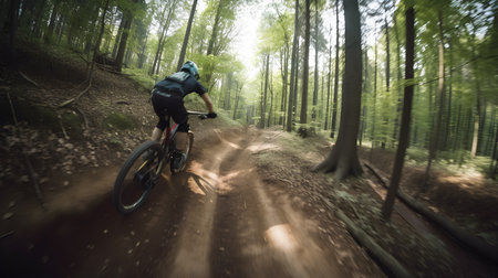 Cyclist Riding the Mountain Bike on the Trail in the Beautiful Summer Forestの素材