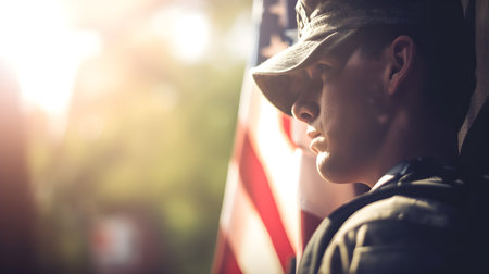 Close-up portrait of a young man with a flag of the United States of Americaの素材