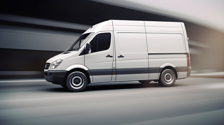 White commercial delivery van on the road with motion blur. 3d renderingの素材