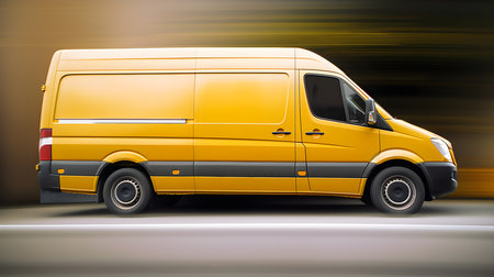 Yellow commercial delivery van on a blurred background. 3d rendering.の素材