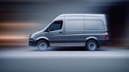3d rendering of a commercial delivery van on the road with motion blurの素材