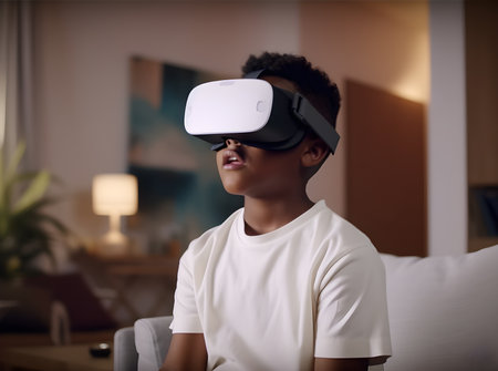 Young african american man wearing virtual reality goggles at home.の素材