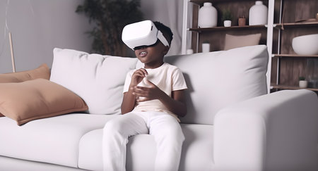 african american boy in vr headset sitting on sofa at homeの素材