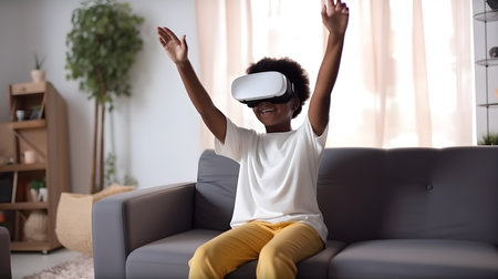 african american woman wearing virtual reality headset while sitting on sofa at homeの素材