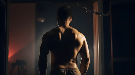 Back view of muscular man standing in gym and looking at camera.の素材
