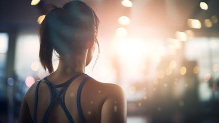 Rear view of young woman in sportswear looking away at night clubの素材