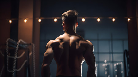 Young Man Standing Strong In The Gym And Flexing Muscles - Muscular Athletic Bodybuilder Fitness Model Posing After Exercisesの素材