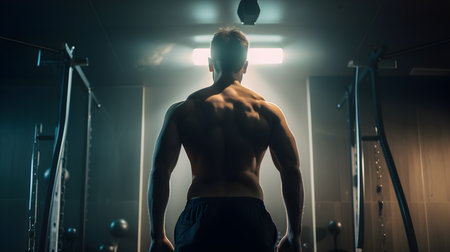 Back view of a young man standing in the gym and looking awayの素材
