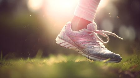 Runner athlete running on forest trail. woman fitness jogging workout wellness concept.の素材