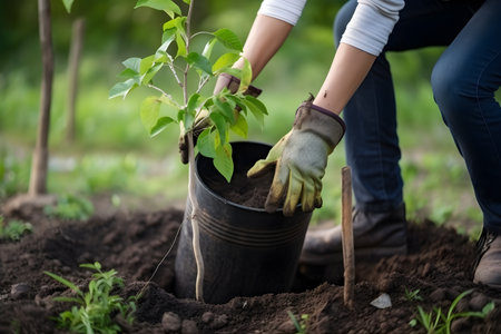 Woman planting tree in the garden. Selective focus. nature.の素材