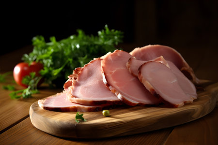 Slices of smoked ham on a cutting board with parsley and tomatoesの素材