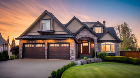 Beautiful house exterior at sunset with garage and driveway in the foregroundの素材