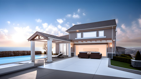3d rendering of a modern house with pool and garden at sunsetの素材