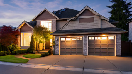 House with garage and driveway at dusk. 3D rendering picture.の素材