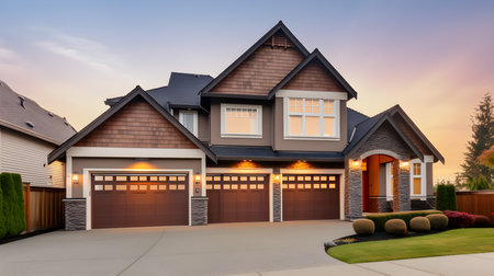 House exterior with garage and driveway at dusk. 3D Renderingの素材