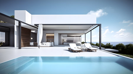 3d rendering of modern house with pool and terrace overlooking the seaの素材